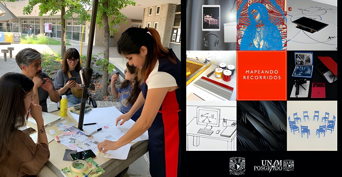 Left image shows a group of people during a learning session; right image shows designs for various learning situations