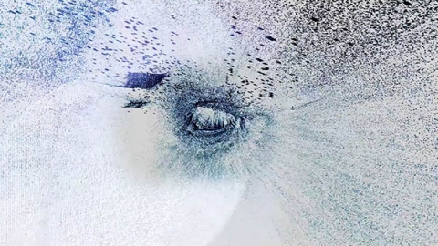 A series of ‘point clouds’; square pixels, partially distorted move from right to left, across a 3D dimensional space. At the centre of the image is an eye formed by a cloud of blue dots.