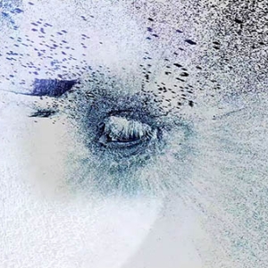 A series of ‘point clouds’; square pixels, partially distorted move from right to left, across a 3D dimensional space. At the centre of the image is an eye formed by a cloud of blue dots.